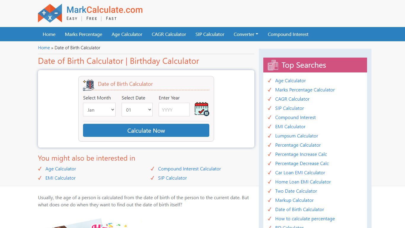 Date of Birth Calculator - MarkCalculate